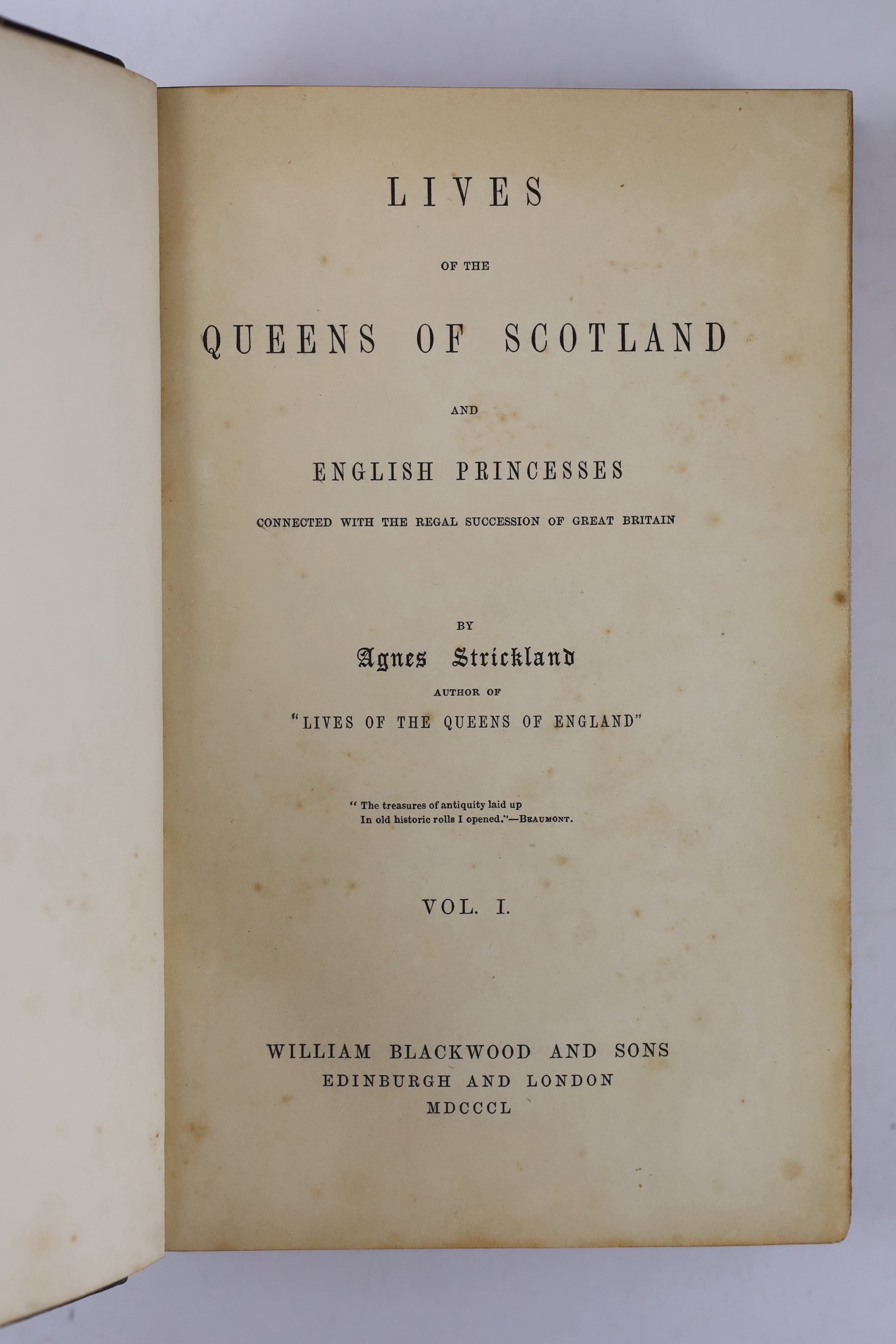 Strickland, Agnes - Lives of the Queens of Scotland, vols 1-6 only, lacks vol. 7, engraved and printed titles, frontispiece, folded facsimiles; old half morocco and marbled boards, gilt decorated panelled spines